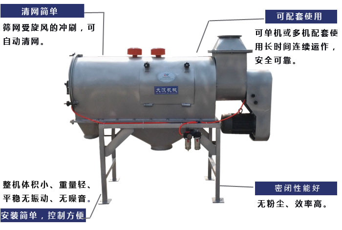 氣旋篩工作原理：篩網(wǎng)受旋風(fēng)的沖刷，可自動(dòng)清網(wǎng)，單機或多機配套使用長(cháng)時(shí)間連續運作，安全可靠。