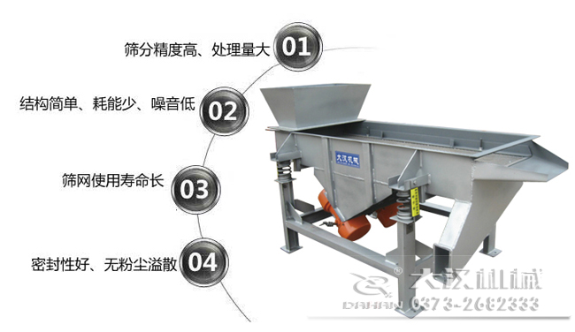 1016型直線(xiàn)振動(dòng)篩特點(diǎn)：1，篩分精度高，處理量大。2，結構簡(jiǎn)單，耗能少，噪音低，3，篩網(wǎng)使用壽命長(cháng)，密封性好無(wú)粉塵溢散。