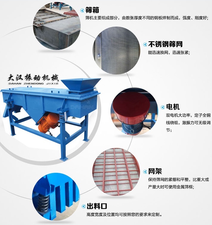 525型直線(xiàn)振動(dòng)篩結構細節：篩箱：篩機主要組成部分，由數張厚度不同的鋼板焊制而成，強度，剛度好。不銹鋼篩網(wǎng)：能速換網(wǎng)，迅速張緊。電機：雙電機大功率，定子全銅線(xiàn)繞組，激振力可無(wú)級調節。網(wǎng)架：保持篩網(wǎng)的緊繃和平整，比重大或產(chǎn)量大時(shí)可使用金屬篩框。出料口：高度寬度及位置均可按照您的要求定制。