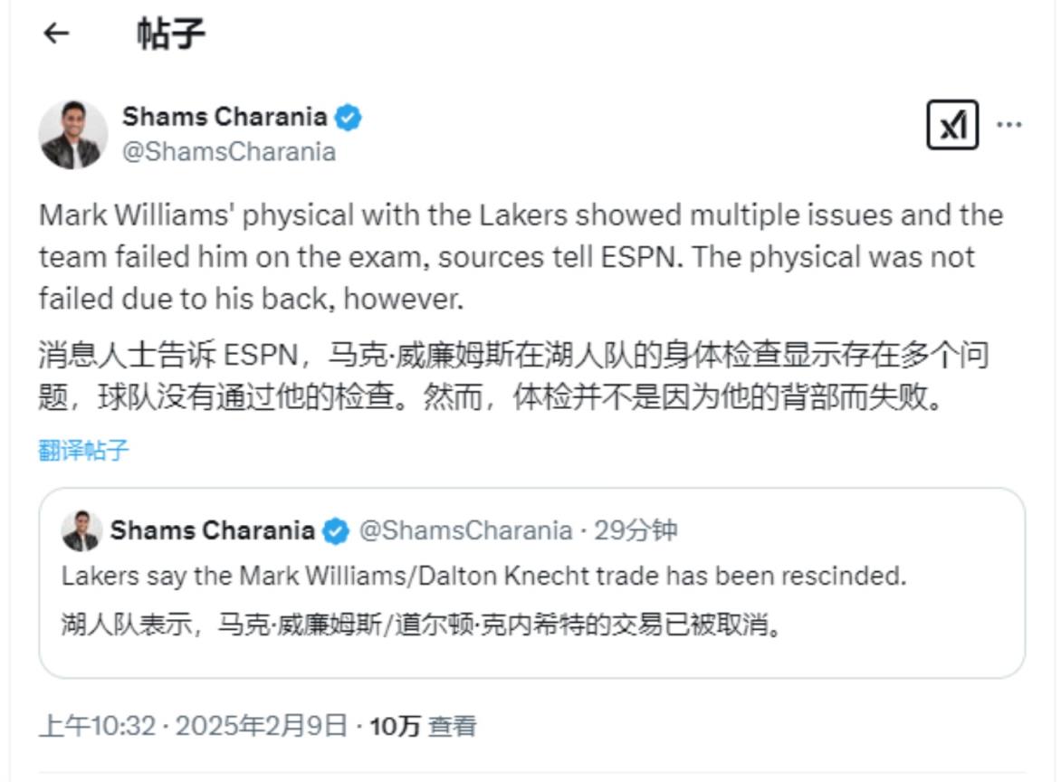 ??？Shams：馬威體檢顯示出他身體問題很多，湖人決定不通過體檢