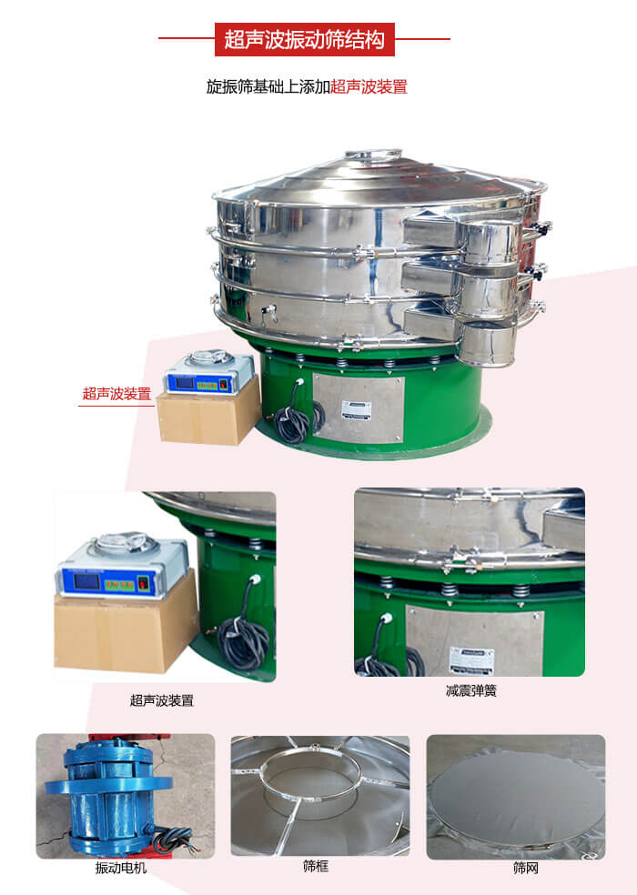 圓篩機內部結構：主要由振動(dòng)電機、篩框、篩網(wǎng)、超聲波系統、減震彈簧等展示圖