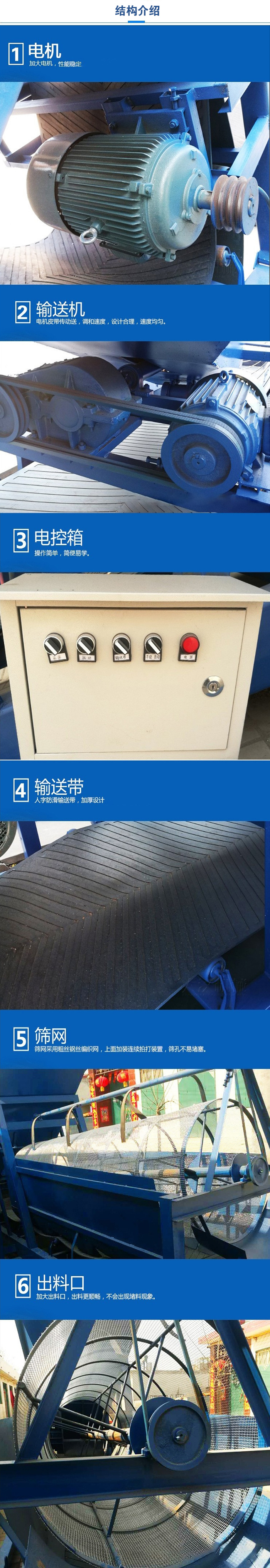 移動(dòng)篩沙機結構:電機，加大電機，性能相對比較穩定。輸送機：電機皮帶傳動(dòng)送，調和速度，設計合理，速度均勻。電控箱：操作簡(jiǎn)單，簡(jiǎn)便易學(xué)。輸送帶：人字防滑輸送帶，加厚設計。篩網(wǎng)，采用粗絲鋼絲編織而成的篩網(wǎng)，上面加裝連續拍打裝置，篩孔不易堵塞。出料口：加大出料口，出料更順暢，不會(huì )出現堵料現象。