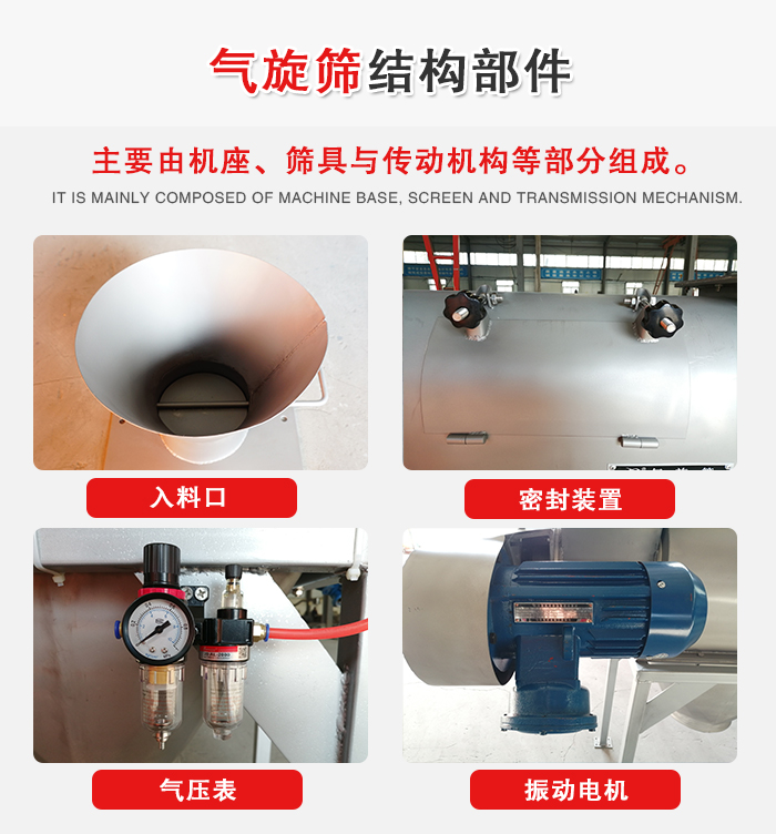 氣旋篩結構：入料口，密封裝置，電機，氣壓表等